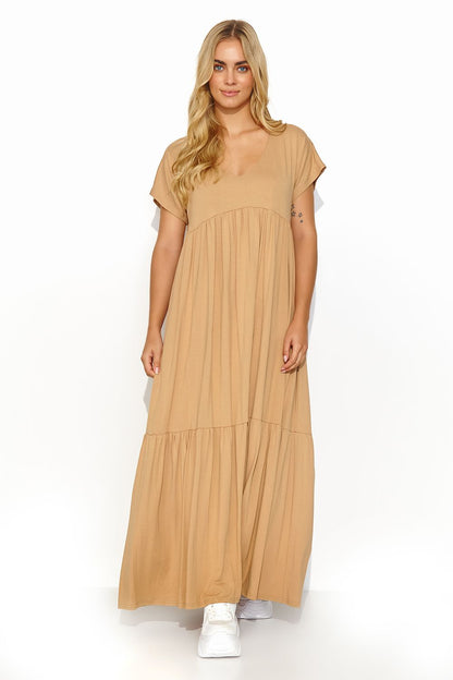 Sophisticated beige maxi dress by Makadamia with a flattering V-cut neckline and breezy fit, ideal for effortless elegance.