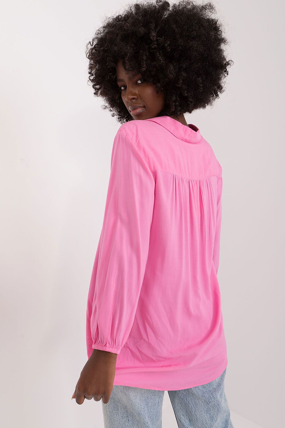Sophisticated back view of the pink everyday blouse by Sublevel, highlighting the elegant design and draped silhouette, perfect for any casual or office setting.