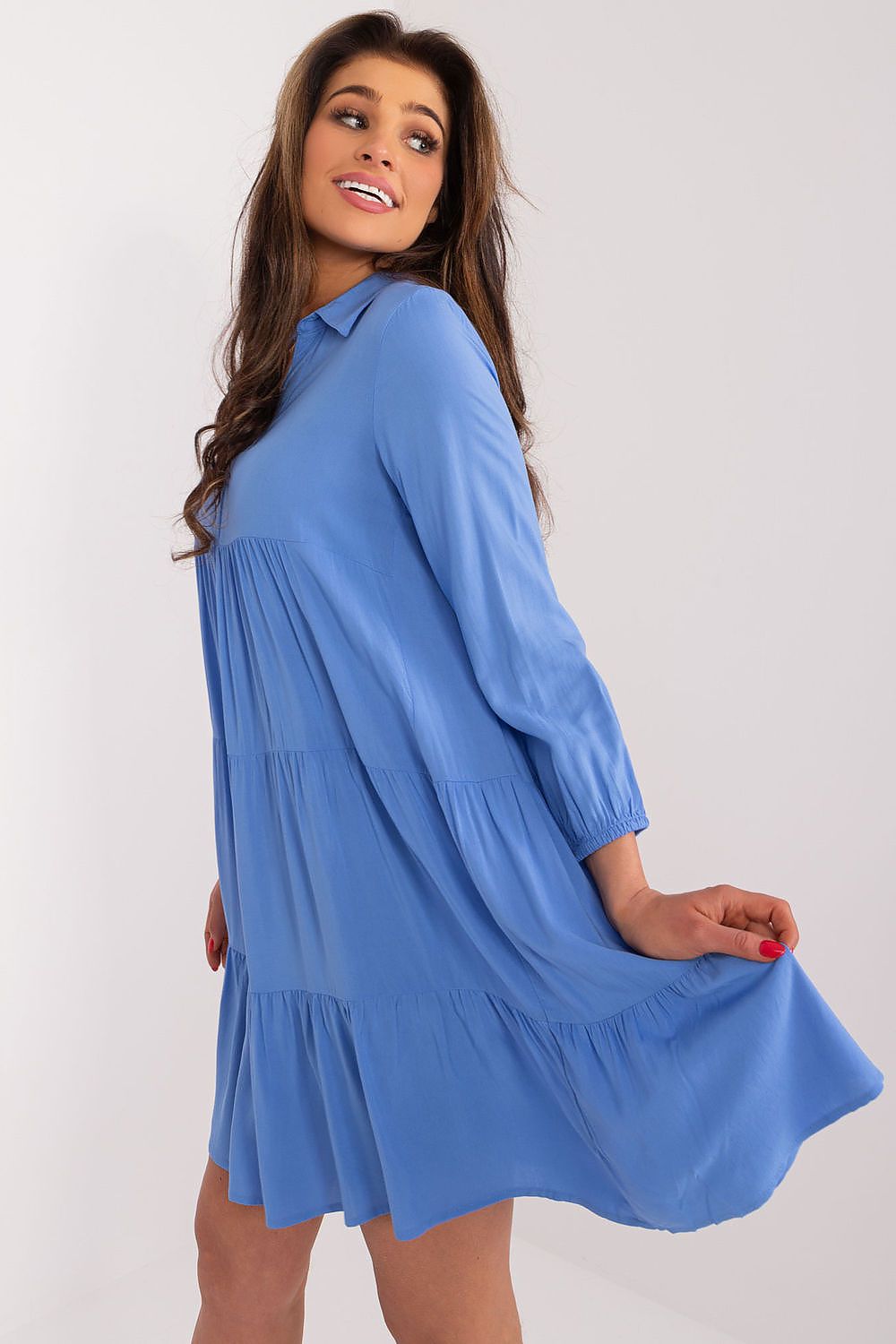Elegant oversized summer dress in sky blue by Sublevel, featuring a lightweight viscose fabric, long sleeves, and a ruffle hem, perfect for casual summer outings.