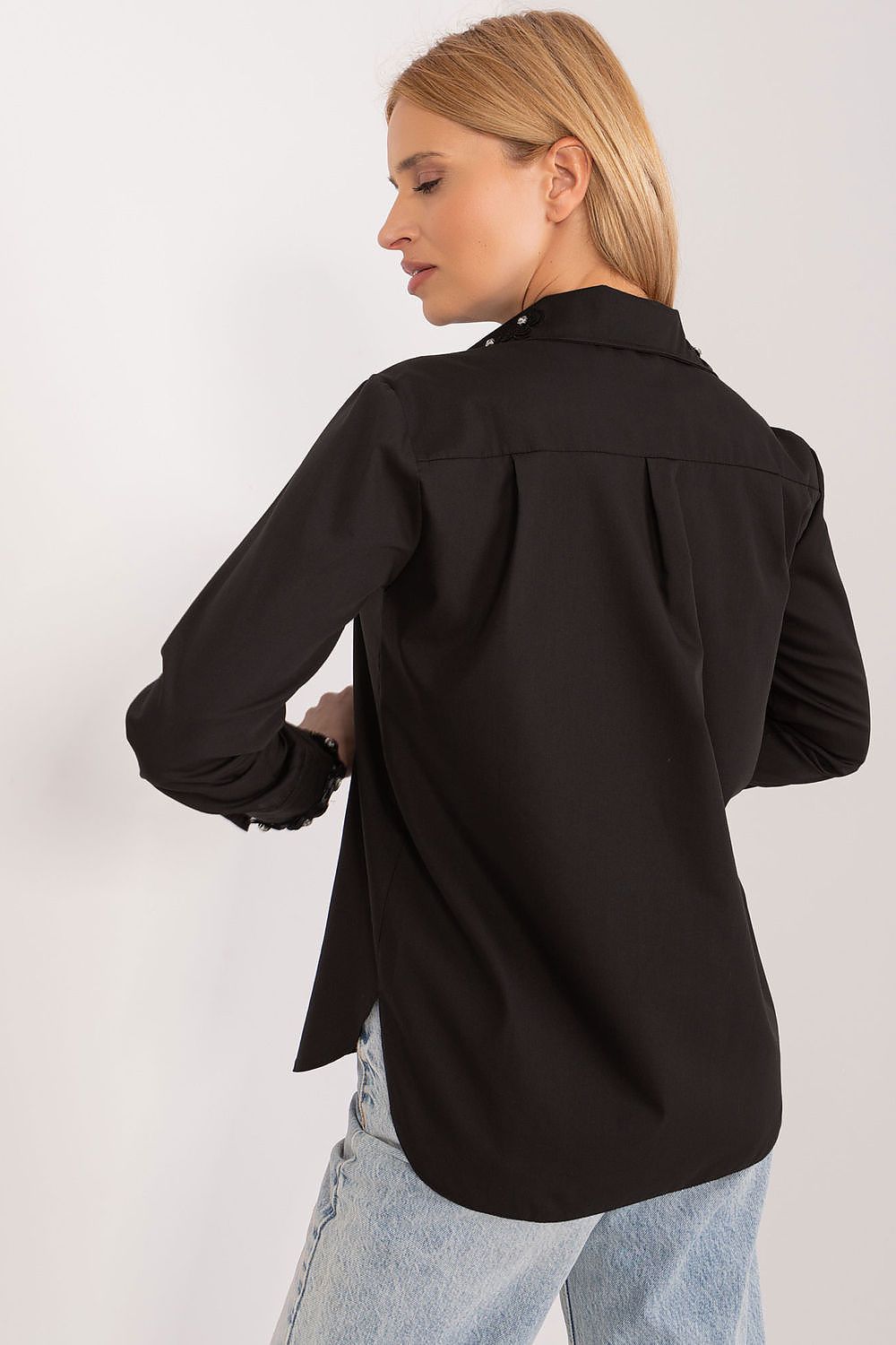 Back view of a chic black long sleeve cotton shirt featuring exquisite embroidery and zircons on the cuffs, crafted by Lakerta, exemplifying timeless elegance.