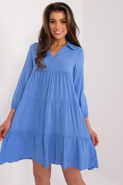 Charming oversized summer dress in a radiant blue by Sublevel, featuring a collar, sweetheart neckline, and relaxed fit, perfect for feminine summer style.