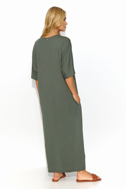 Sophisticated back view of an olive green Makadamia long dress with unique details and relaxed fit, designed for summer comfort and style.
