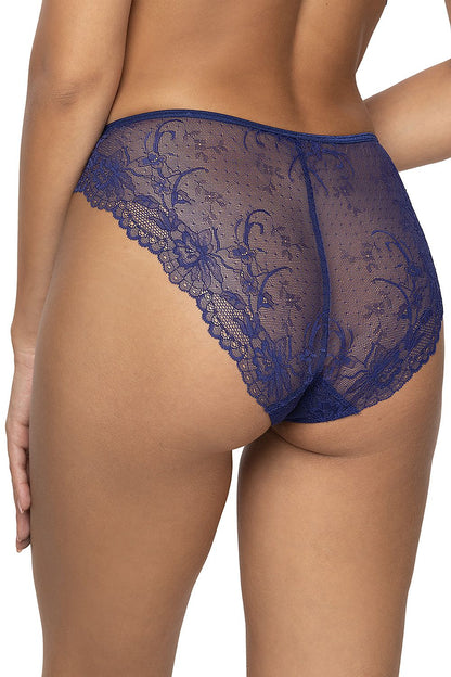 Elegant navy blue lace panties featuring a floral pattern and alluring cutouts, designed by Mat. Flattering classic fit for a luxurious feel.