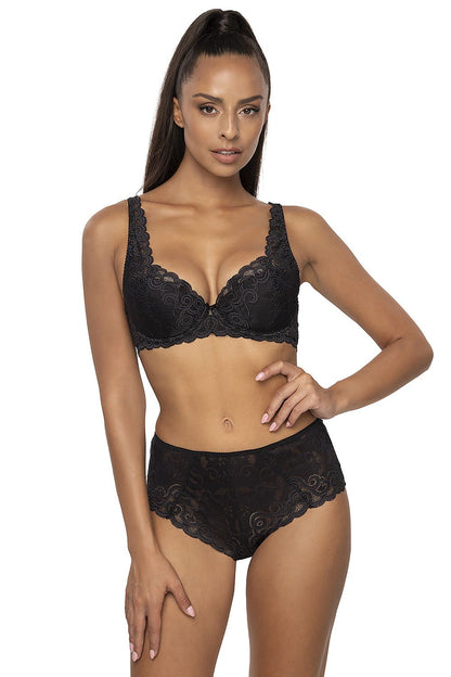 Stylish black lace bra and high-waisted brief set by Mat, showcasing luxurious lace and flattering shapes, perfect for fuller busts.