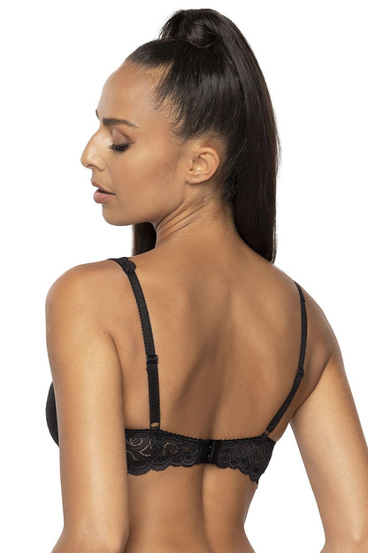 Back view of the elegant black lace bra by Mat, highlighting adjustable lace straps and exquisite detailing, designed for larger breasts.