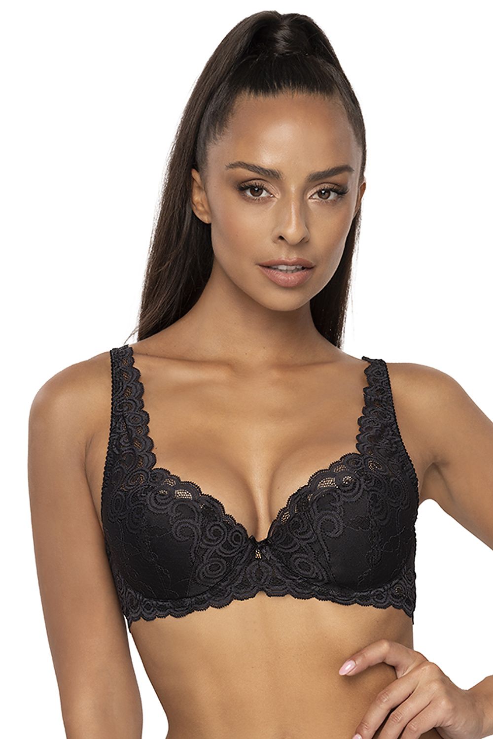 Elegant black lace padded bra by Mat, featuring intricate lace design and adjustable straps, model exudes luxury in this stunning lingerie.