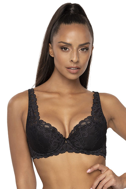 Elegant black lace padded bra by Mat, featuring intricate lace design and adjustable straps, model exudes luxury in this stunning lingerie.
