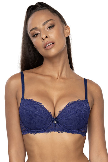 Luxurious navy blue lace push-up bra by Mat, featuring a floral motif and elegant design, perfect for enhancing curves with removable inserts.