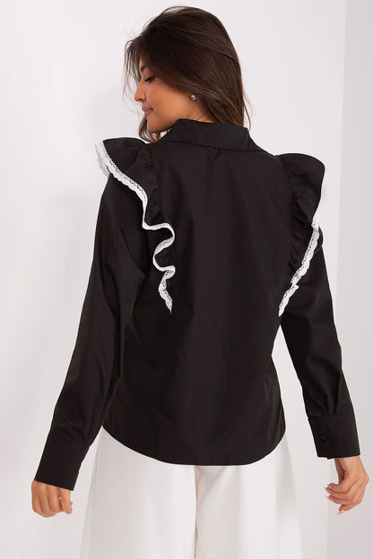 Back view of Lakerta's sophisticated black long sleeve cotton shirt adorned with elegant ruffle and lace detailing, providing a refined look for formal gatherings.