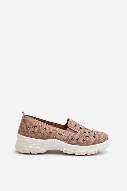 Elegant profile view of luxury eco leather women's half shoes with floral openwork, showcasing comfort and style. Designed by Step in Style.