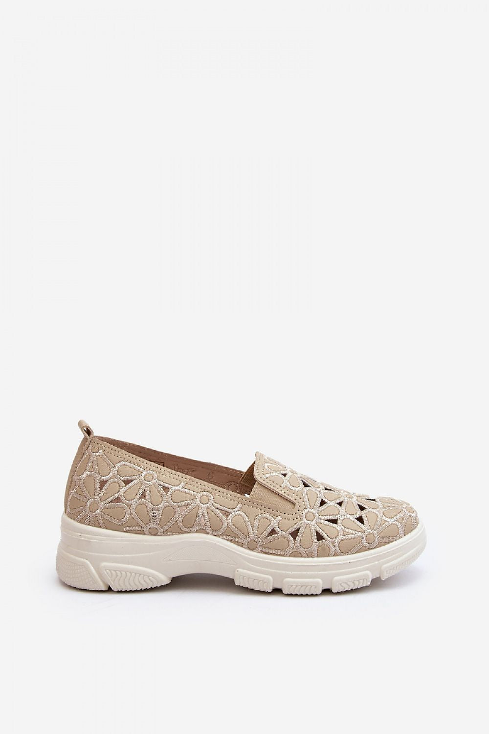 Luxurious eco leather women's half shoes in beige, featuring a floral openwork design, providing style and comfort. Crafted by Step in Style.