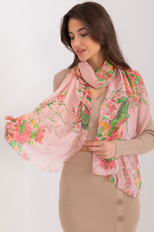 Elegant floral print neckerchief showcasing luxurious viscose fabric, styled with a model. Perfect for enhancing sophisticated looks by vendor AT.