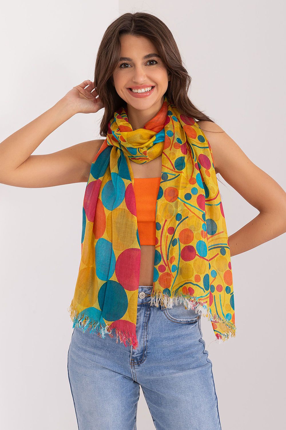 Luxury 100% cotton neckerchief by AT, featuring a vibrant multicoloured print, elegantly styled on a model.