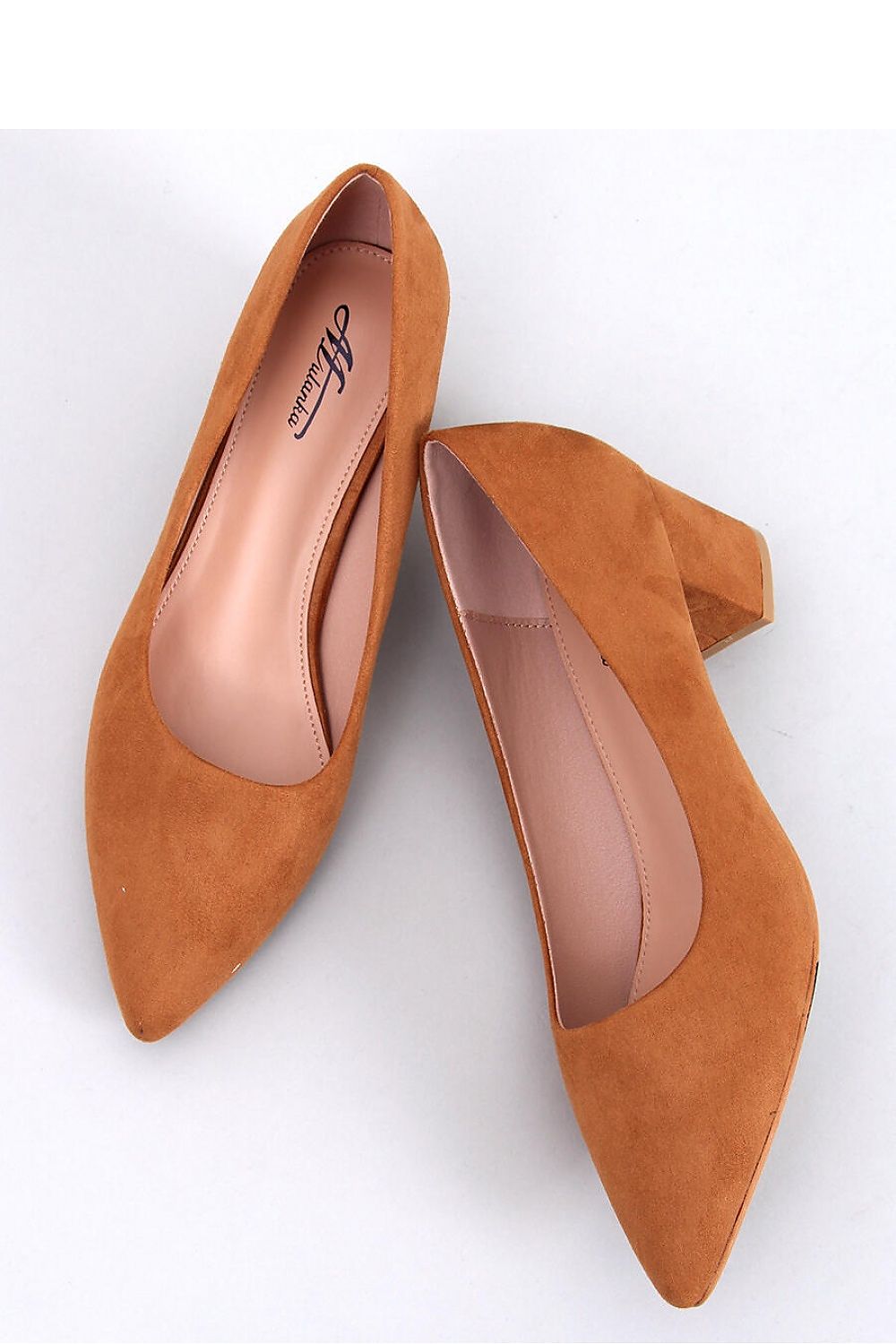 Stylish suede block heel pumps by Inello, showcasing a sophisticated tapered design and opulent tan colour for a classic elegance.