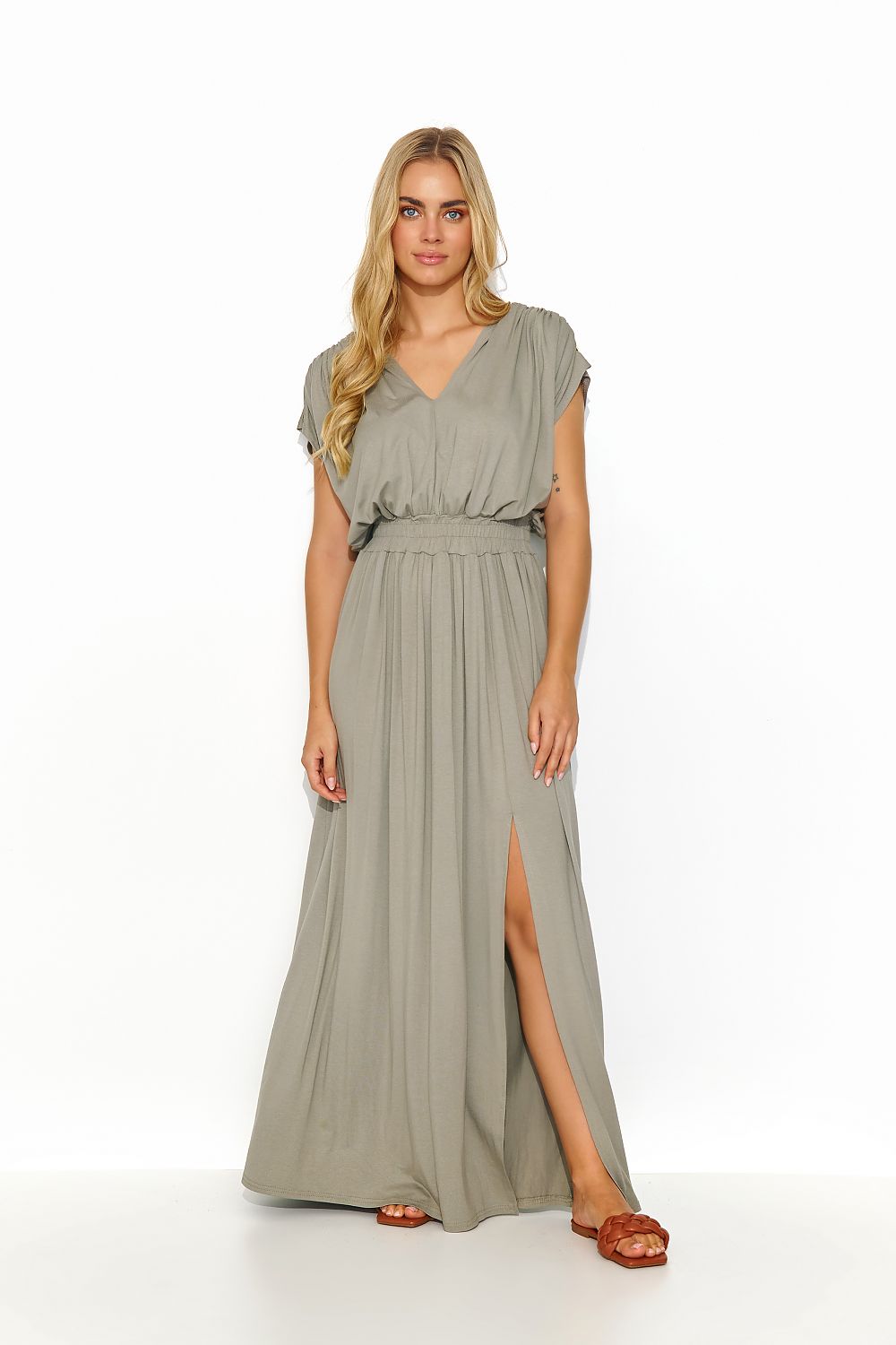 Makadamia lightweight knit daydress in olive green featuring a heart neckline, elegant draping, and a front slit, ideal for summer occasions.