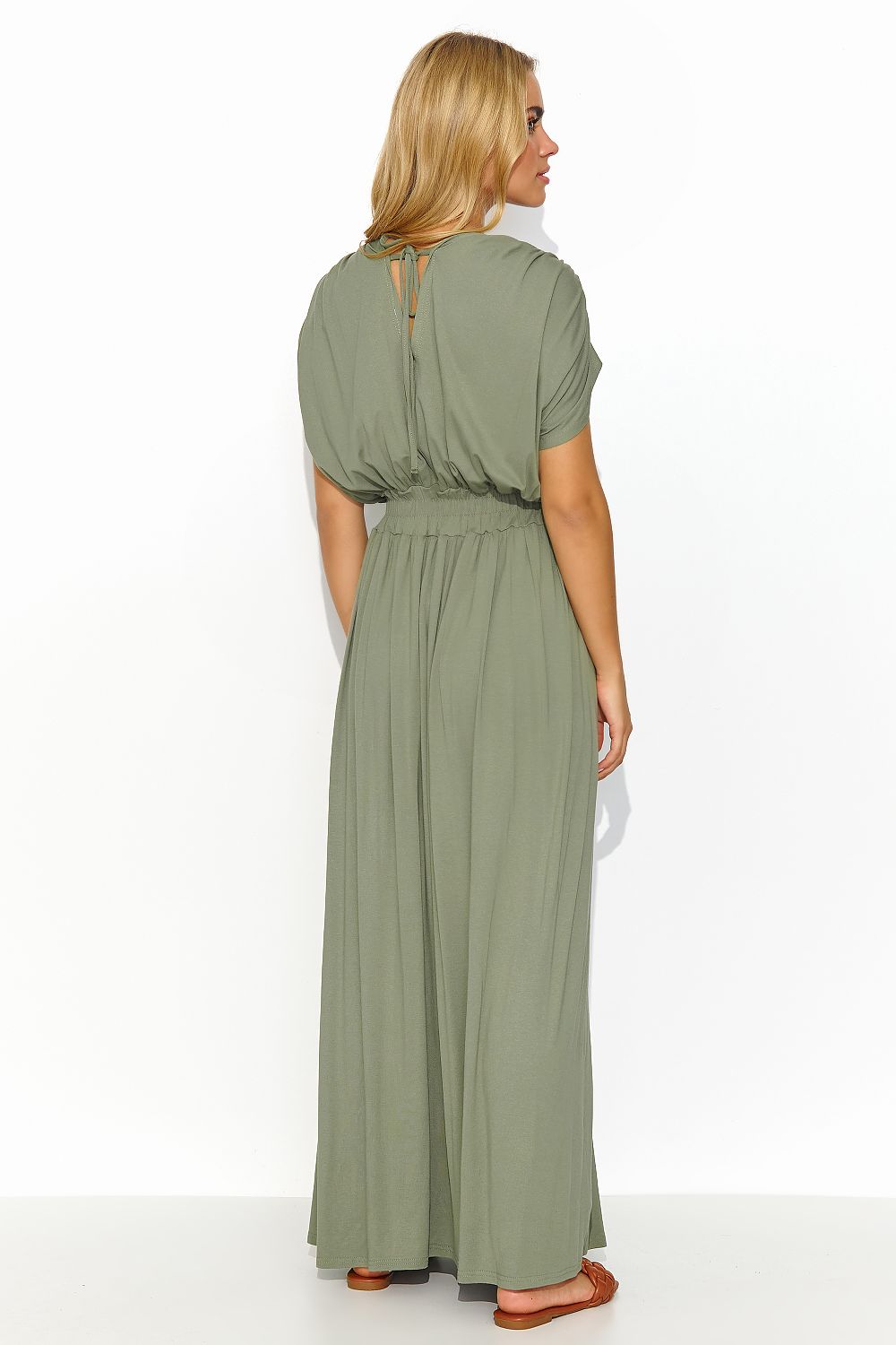 Elegant Makadamia long lightweight knit daydress in olive green, featuring a heart neckline, back tie detail, and drawstring waist for a flattering silhouette, perfect for summer occasions.
