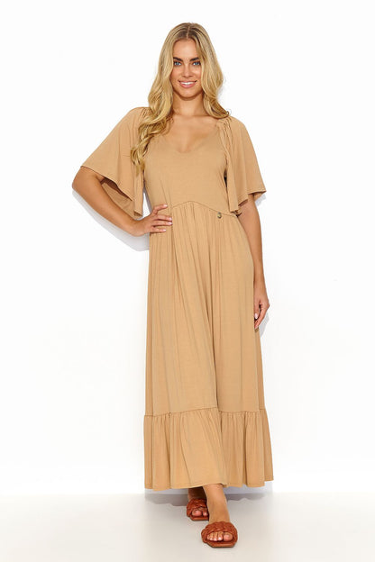 Luxurious beige long dress by Makadamia with ruffles and a flattering fit, exuding feminine charm for any chic occasion.
