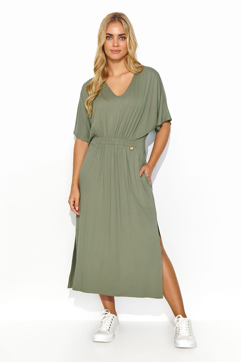 Versatile Makadamia Midi Dress with casual short sleeves and stylish slit, perfect for any occasion while ensuring comfort.