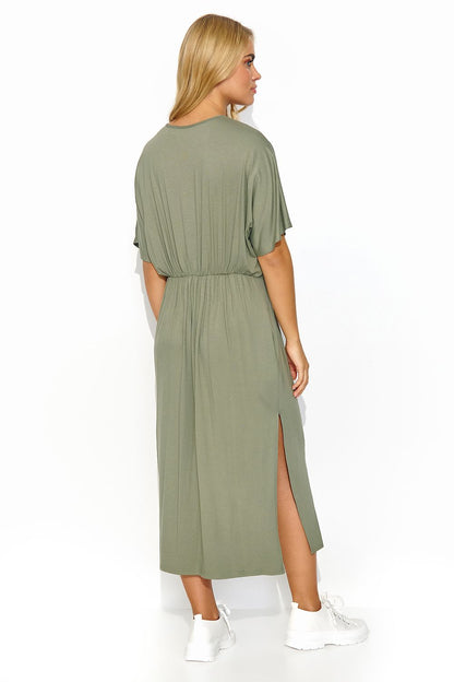 Elegant Makadamia Midi Dress featuring a drawstring waist and sophisticated slit, perfect for summer soirées.