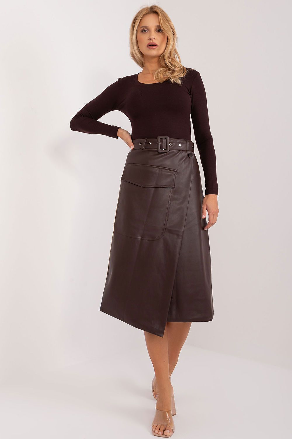 Elegant Eco-Leather Midi Skirt with Envelope Front and Buckled Belt by Factory Price, perfect for sustainable fashion lovers.