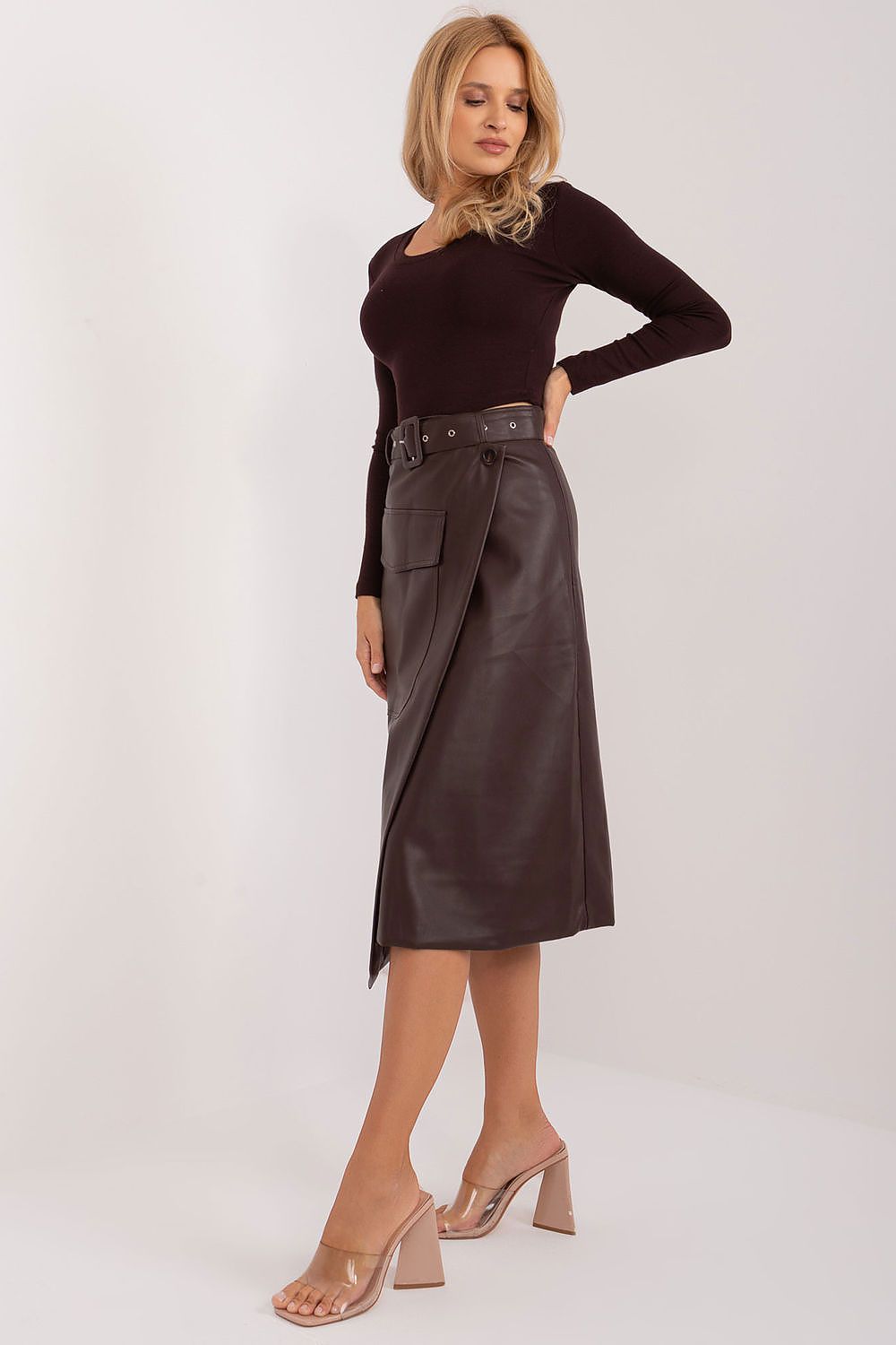Chic Eco-Leather Midi Skirt showcasing a stylish Envelope Front and Buckled Belt, crafted by Factory Price for a modern, eco-friendly wardrobe.