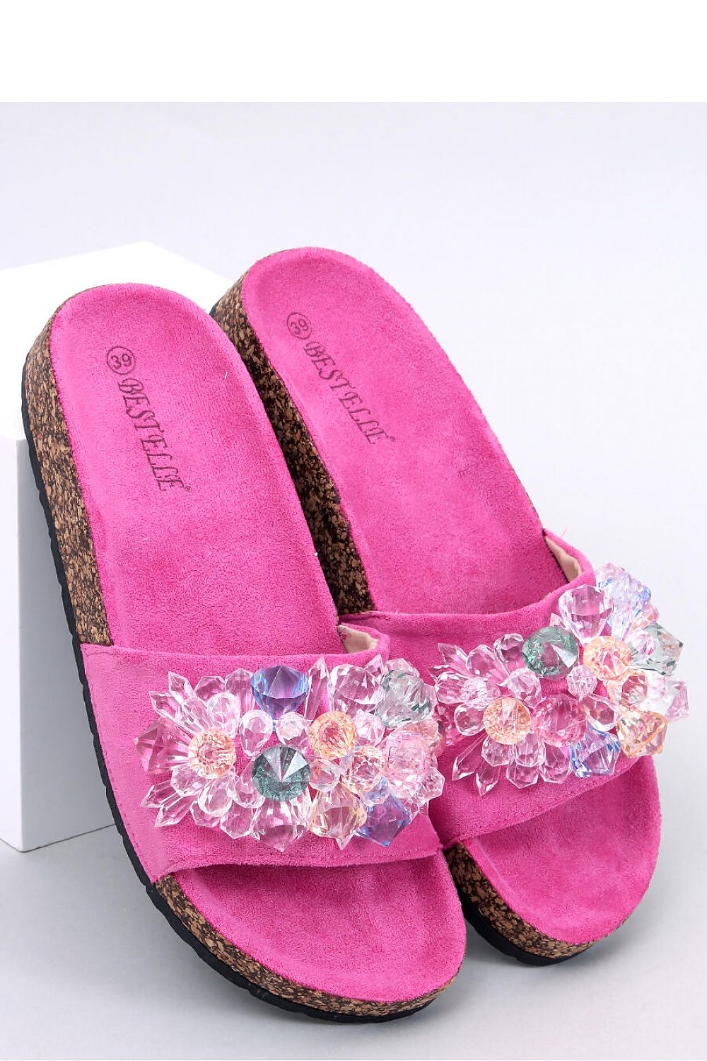 Luxury women's glittering crystal applique flip-flops by Inello, featuring an eco-friendly cork sole and decorated with multicoloured crystals on a suede strap.
