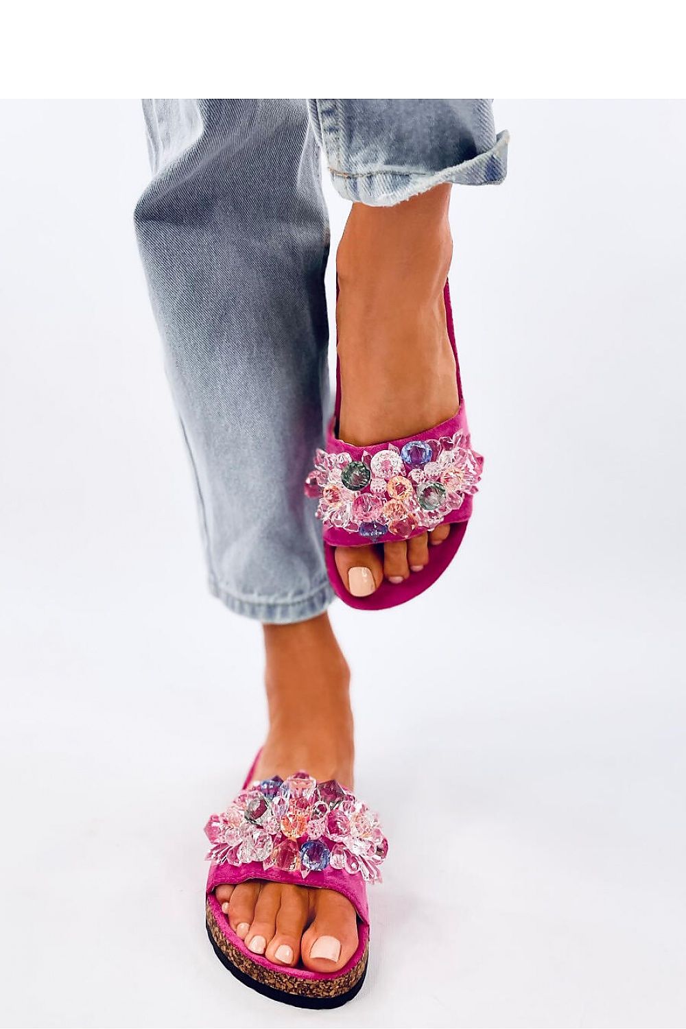 Stunning Inello luxury women's glittering flip-flops with suede straps and ecological cork soles, ideal for chic and eco-conscious fashion enthusiasts.