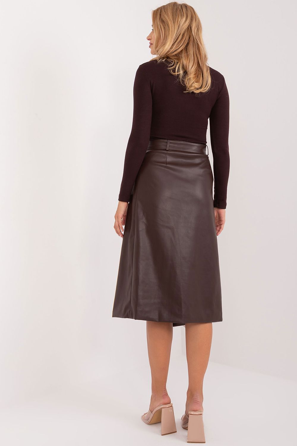 Sophisticated Eco-Leather Midi Skirt featuring a feminine design with a button closure and patch pocket, crafted by Factory Price for upscale, sustainable ensembles.