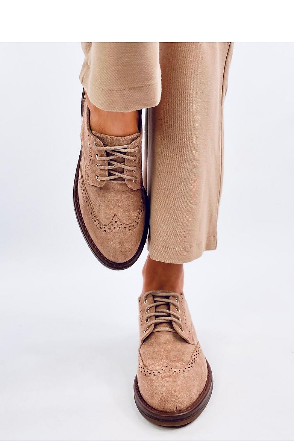 Side view of women's lace-up moccasins by Inello, highlighting the stylish 5cm heel and premium ecological suede material.