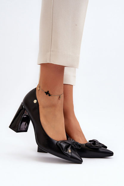 Elegant Block Heel Pumps with Bow from Step in Style, featuring a soft natural leather insole and a sophisticated pointed toe design.