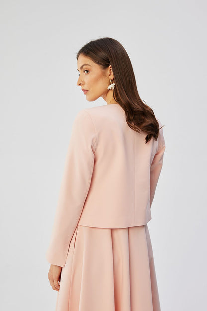 Stylove short jacket with close-up view highlighting the immaculate stitching and elegant presentation, ideal for contemporary women's fashion.