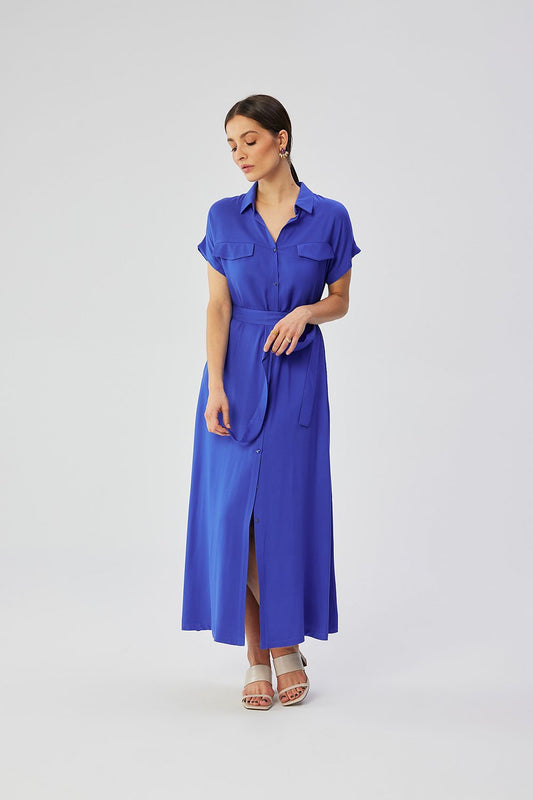 Stylove 100% viscose maxi dress featuring a chic button-down front and elegant tie belt for a luxurious look.
