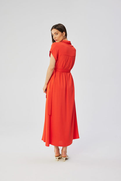 Stylove 100% viscose maxi dress featuring a button-down front and elegant tie belt, showcasing chic collar design and flared cut for sophisticated style.