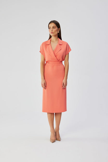 Detailed view of the Stylish midi dress by Stylove, emphasizing the luxurious fabric blend and elegant belt design.