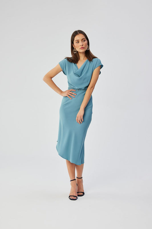 Stylove Asymmetrical Midi Cocktail Dress with Water Neckline, elegantly showcasing Polish craftsmanship and design.