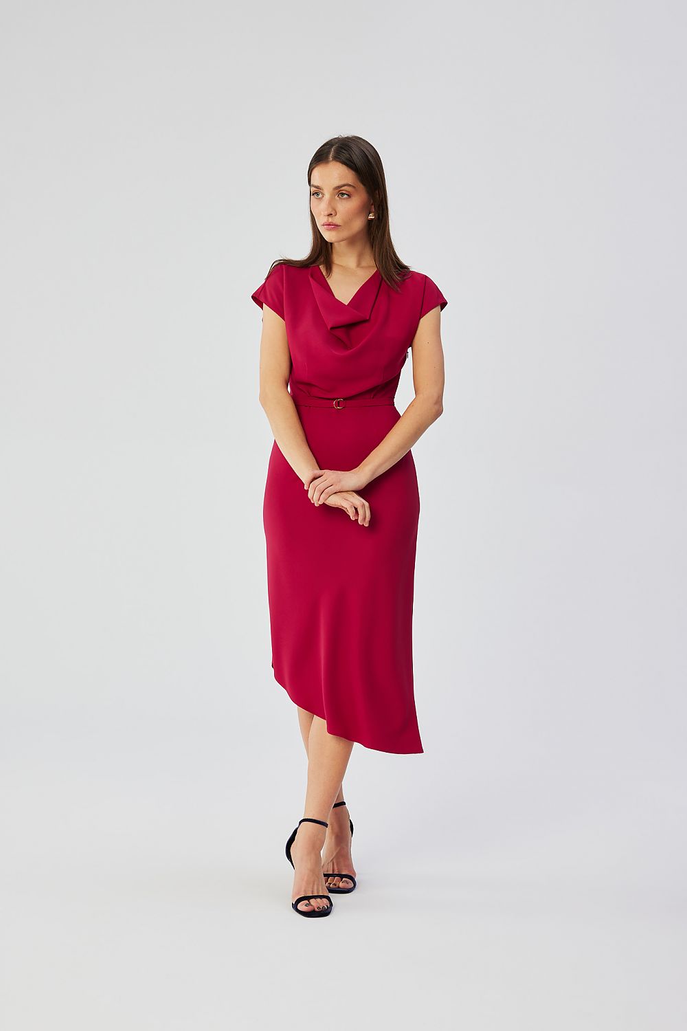 Stylove asymmetrical midi cocktail dress featuring a sophisticated water neckline and elegant belt, elegantly tailored in Poland.