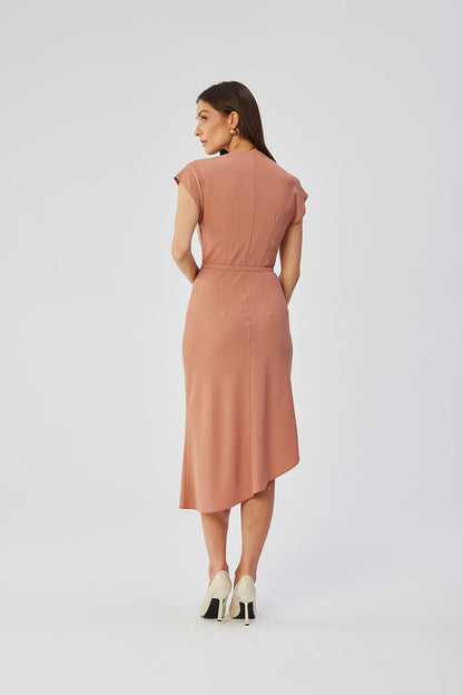 Side view of the Stylove midi cocktail dress revealing the covered zipper and stylish belt accentuating the waist, beautifully made in Poland.