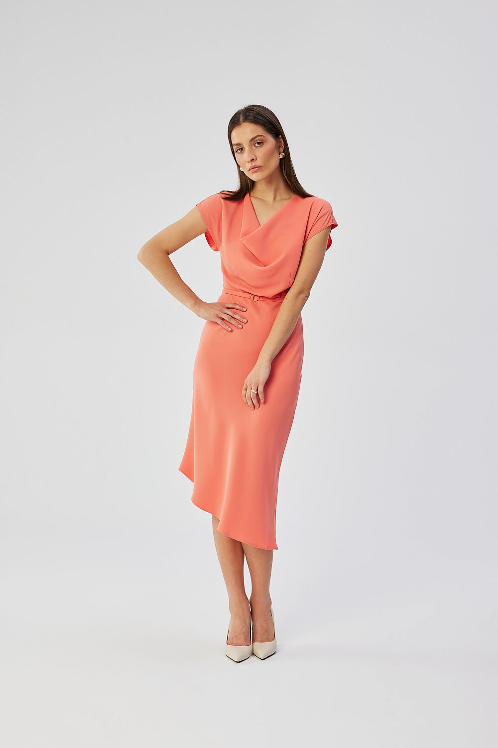 Stylove midi cocktail dress in a chic setting, showcasing the graceful fall of the dress's asymmetrical hem and exquisite water neckline, ideal for a cocktail party.
