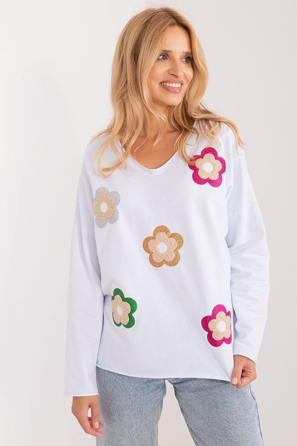 Elegant Floral Print Casual Blouse by Italy Moda featuring a heart neckline and long sleeves, crafted from a luxurious cotton blend for ultimate comfort.