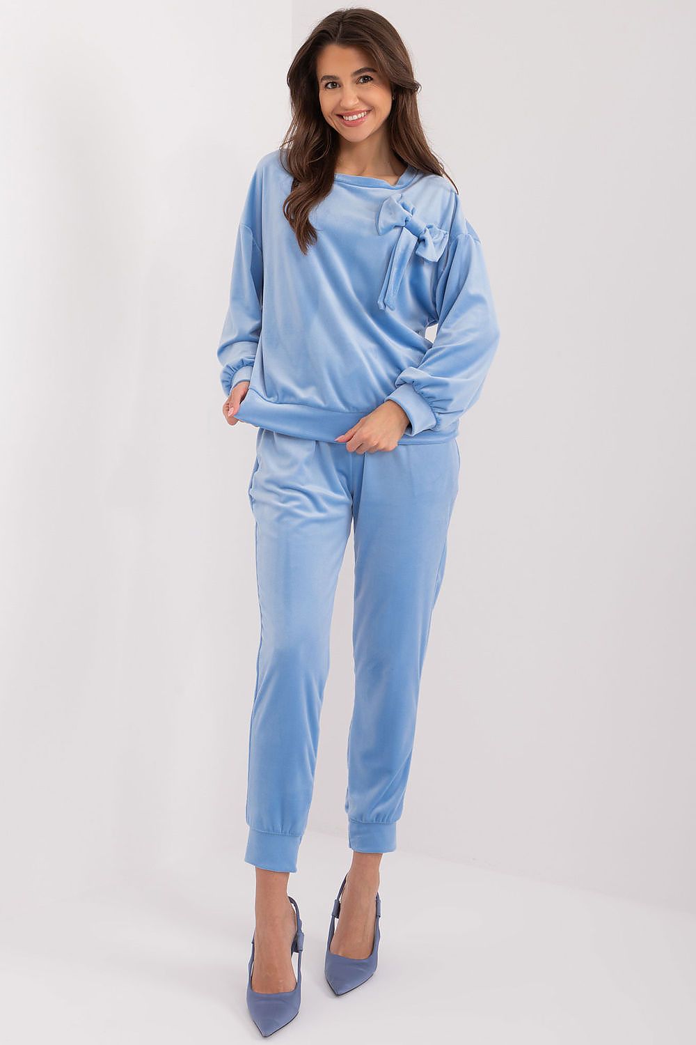 Luxury velour 2-piece set by Italy Moda featuring an adjustable waist tie sweatshirt and high waist pants, perfect for comfort and style.
