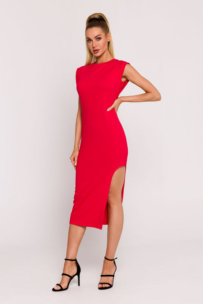 Elegant midi knit dress by Moe featuring a unique leg cutout, perfect for stylish occasions.