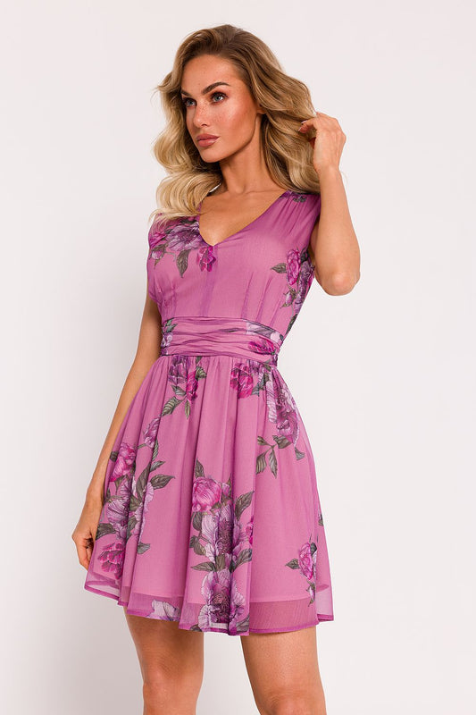 Moe Chiffon Mini Dress with V-Neckline and Fitted Top showcasing elegant Polish tailoring, featuring a delicate crinkled belt, flared bottom, and fully lined interior for a luxurious silhouette.