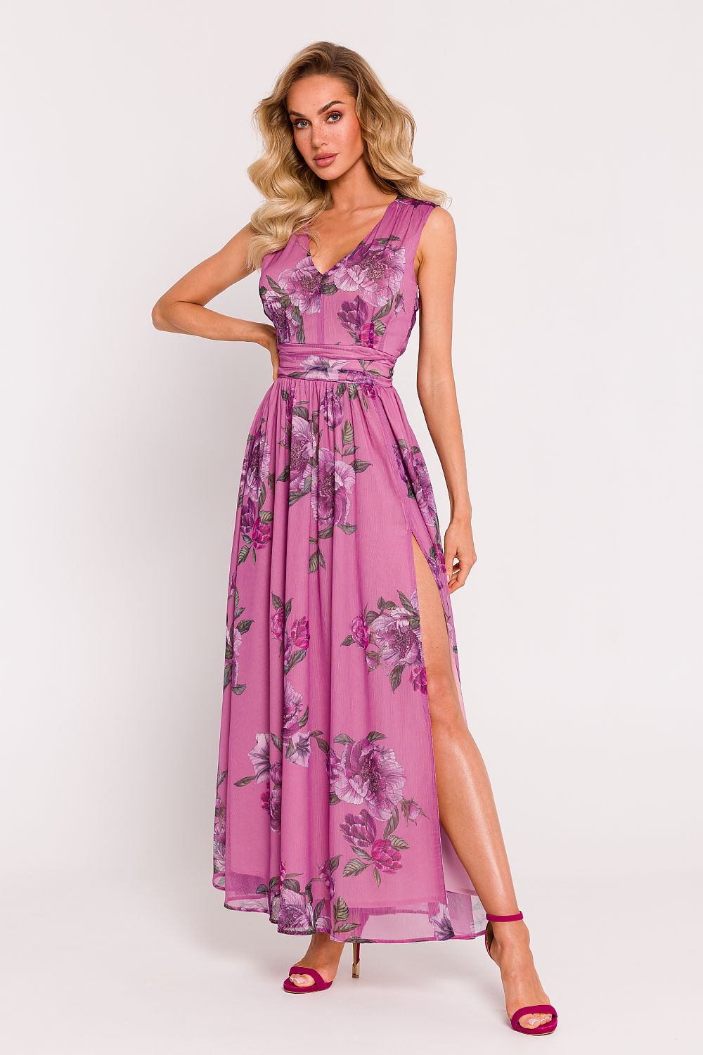 Elegant maxi chiffon dress by Moe featuring a high slit, deep V-neck, and flared ruffles, showcasing luxurious Polish craftsmanship and feminine style.
