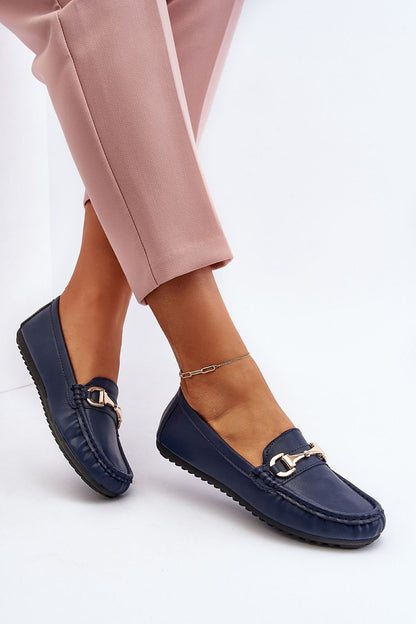 Elegant Eco Leather Moccasin Shoes by Step in Style, showcased on a model's foot, highlighting the gold embellished strap and rounded toe caps, perfect for adding a touch of luxury to summer outfits.