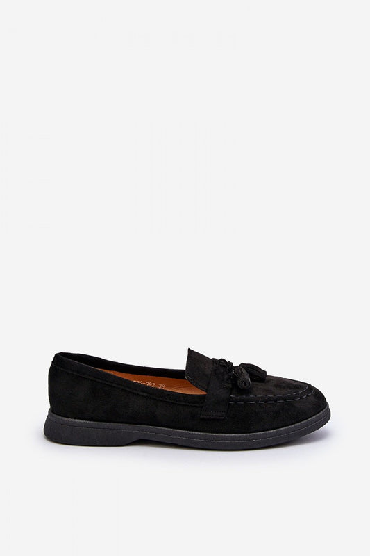 Stylish side view of luxurious black eco-suede moccasins from Step in Style, featuring a refined design and soft eco leather insole for unparalleled comfort.