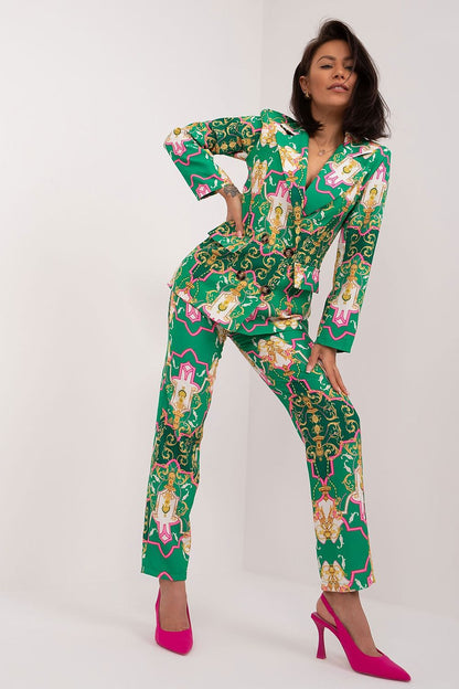 Italy Moda's chic 2-piece women's suit set in a vibrant print, demonstrating versatility for both business meetings and casual outings.