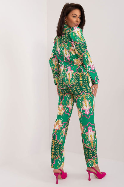Elegant women's 2-piece suit set by Italy Moda featuring a stylish long-sleeved jacket and high waist pants with unique print, perfect for sophisticated occasions.