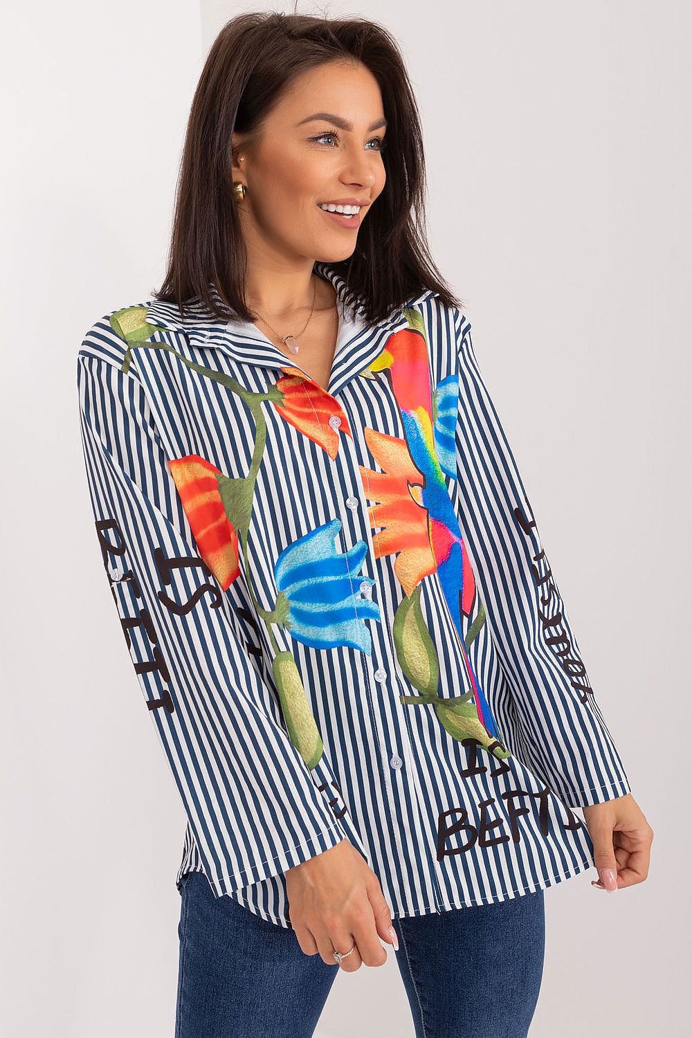 Elegant long sleeve women's shirt by Italy Moda featuring a vibrant colourful print and durable polyester fabric, perfect for casual or workwear.