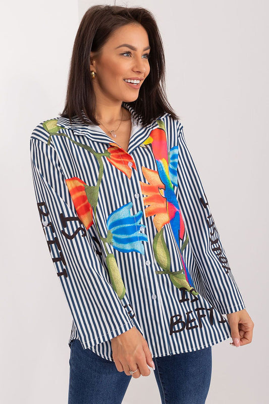Elegant long sleeve women's shirt by Italy Moda featuring a vibrant colourful print and durable polyester fabric, perfect for casual or workwear.