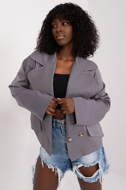 Elegant long-sleeve blazer by Lakerta, a versatile double-breasted jacket perfect for all seasons, showcasing its sleek design and high-quality craftsmanship.